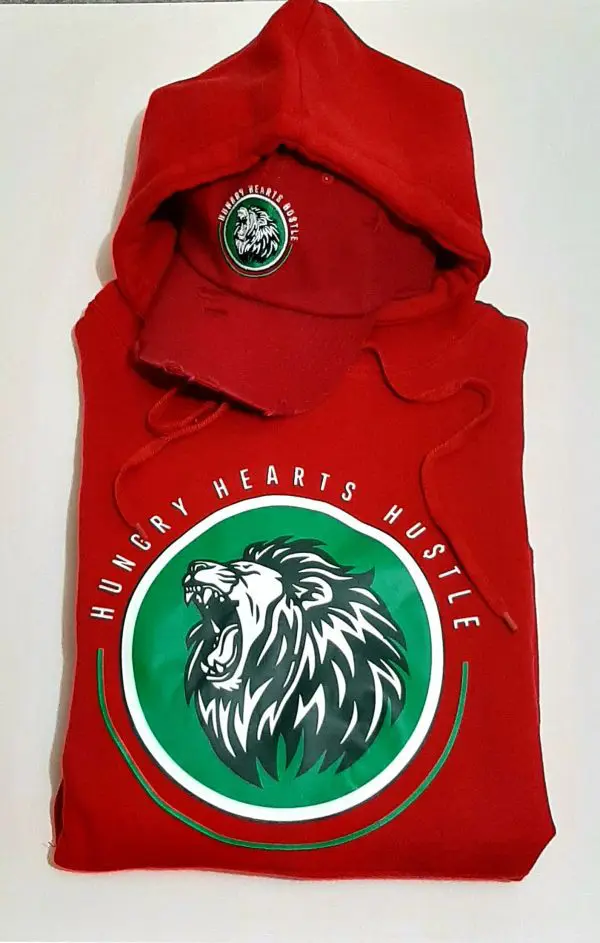 A red hoodie with a green and white lion logo.