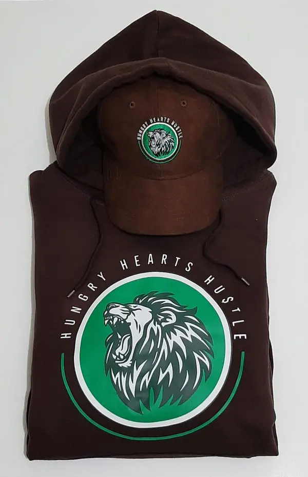 A brown hoodie with a green and white lion logo on it.