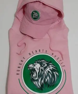 A pink hoodie with a green and white lion logo.