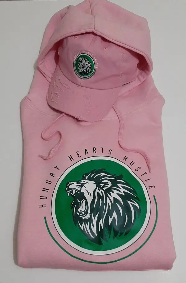 A pink hoodie with a green and white lion logo.