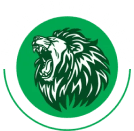 A green and white logo with an image of a lion.