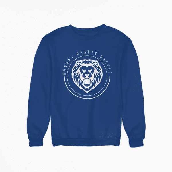 A blue sweatshirt with a white bear on it.