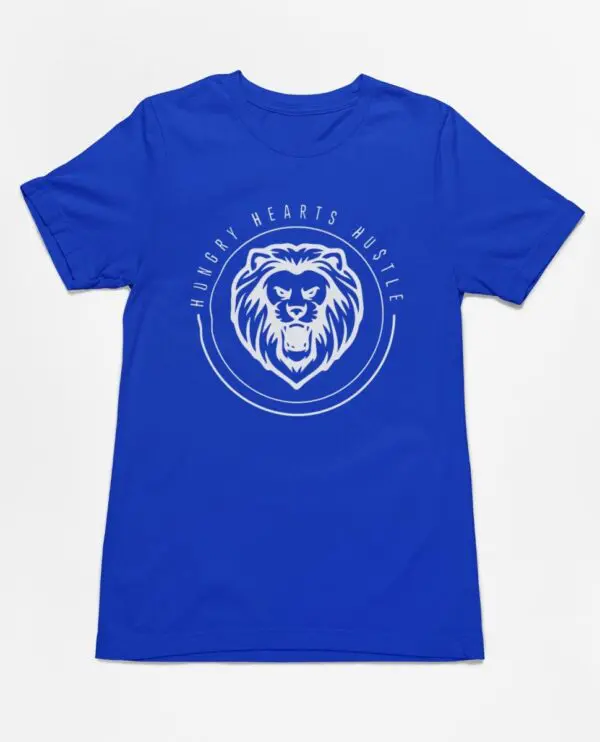 A blue t-shirt with a white logo of a lion.