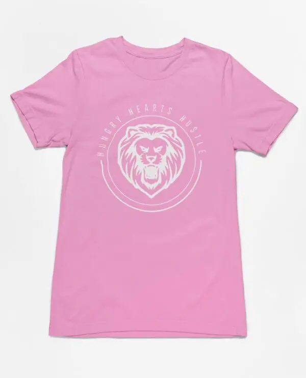 A pink t-shirt with a white lion logo on it.