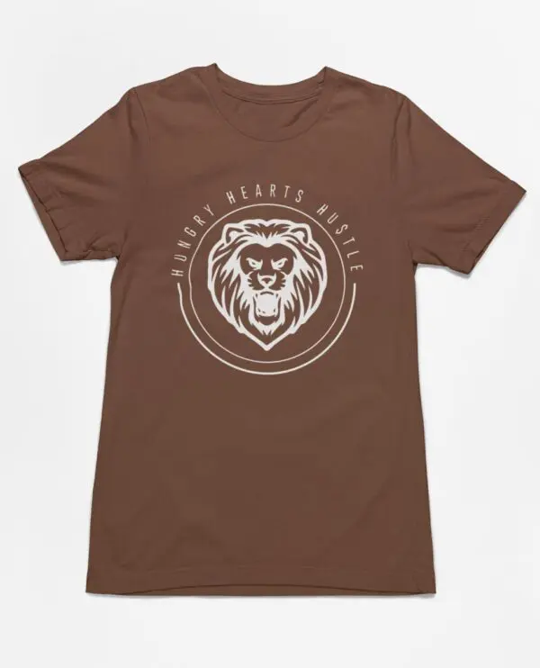 A brown t-shirt with a white logo of a lion.