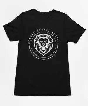 A black t-shirt with a white logo of a lion.