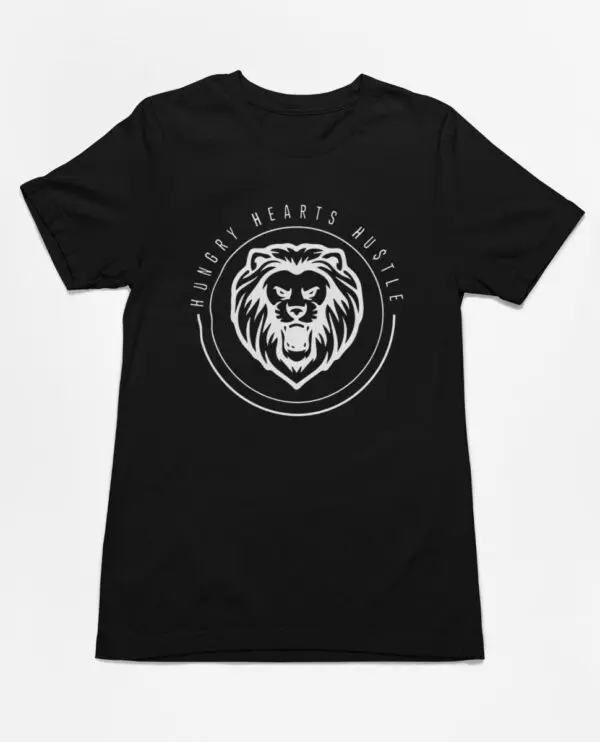 A black t-shirt with a white logo of a lion.