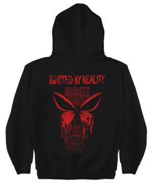 A black hoodie with red lettering and an image of a skull.