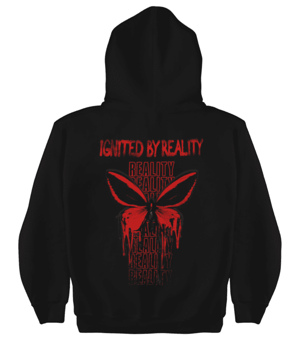 A black hoodie with red lettering and an image of a skull.