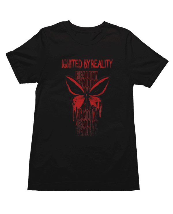 A black t-shirt with red lettering and an image of a skull.