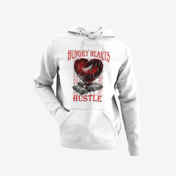 A white hoodie with a red heart and words