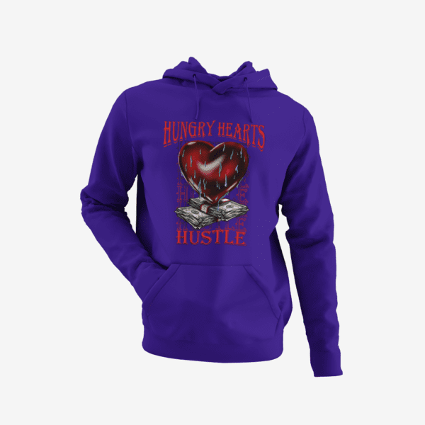 A purple hoodie with a red heart on it.