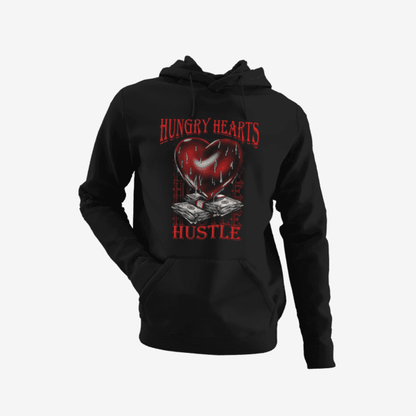 A black hoodie with a red and white design on it.