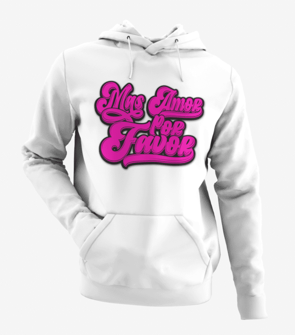 A white hoodie with pink lettering on it.