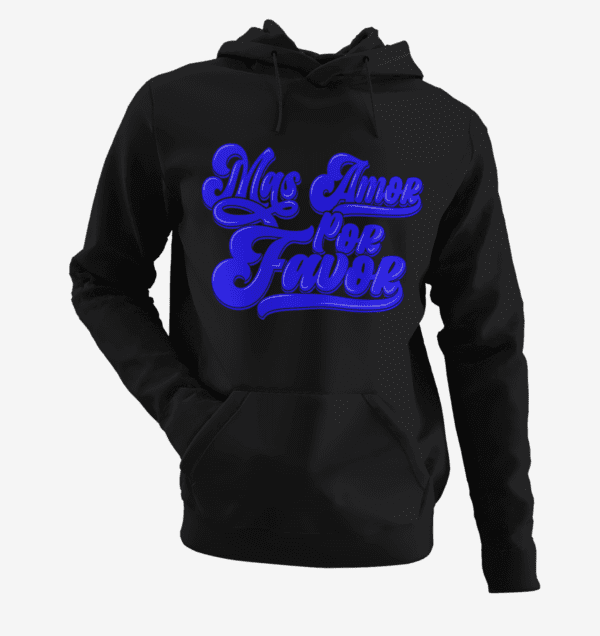 A black hoodie with blue lettering on it.
