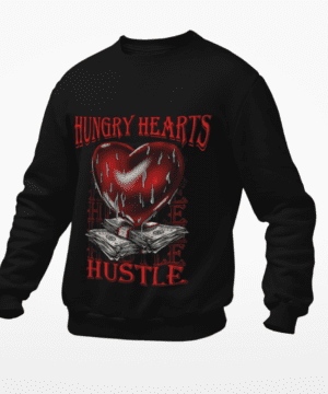 A black sweatshirt with a red heart on it.