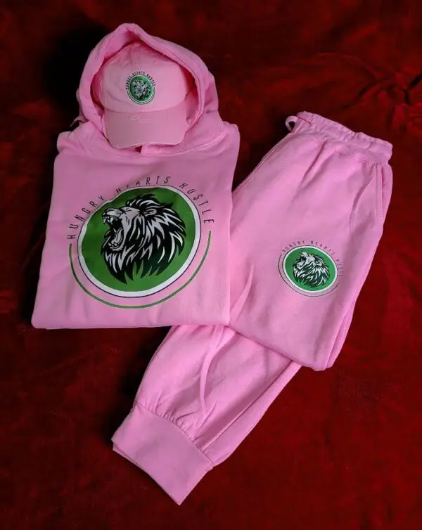 A pink outfit with a hoodie and pants.