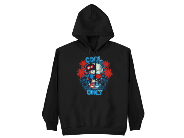 A black hoodie with a picture of a skull and flowers.