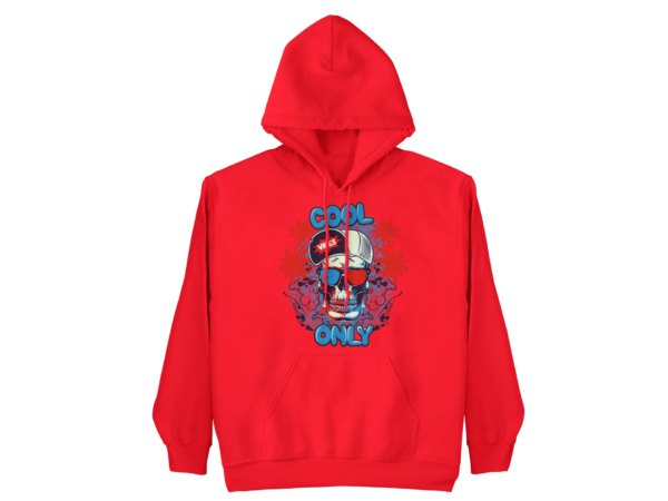 A red hoodie with an image of a person holding something.