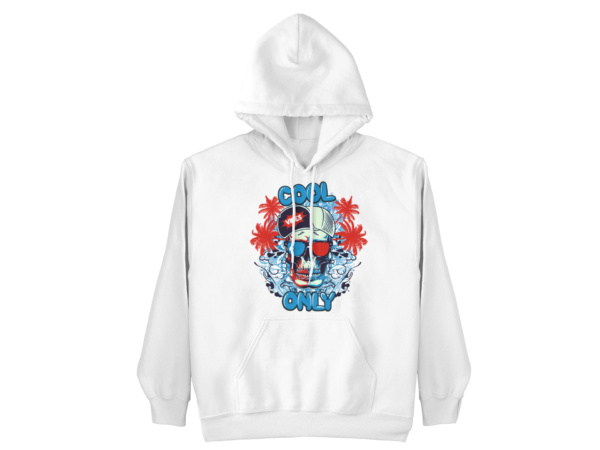 A white hoodie with a picture of a person in the middle.