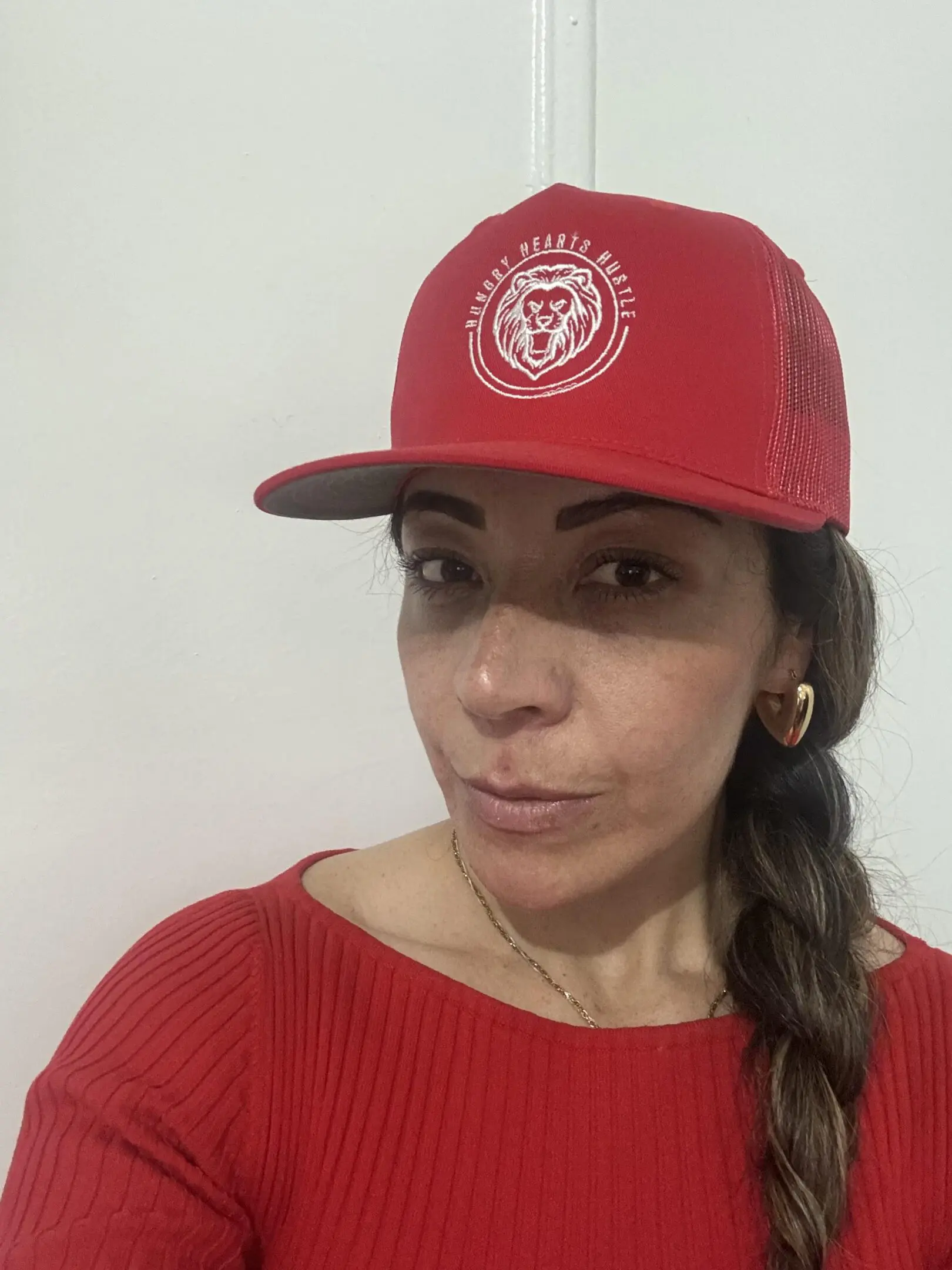 julie in trucker cap- red