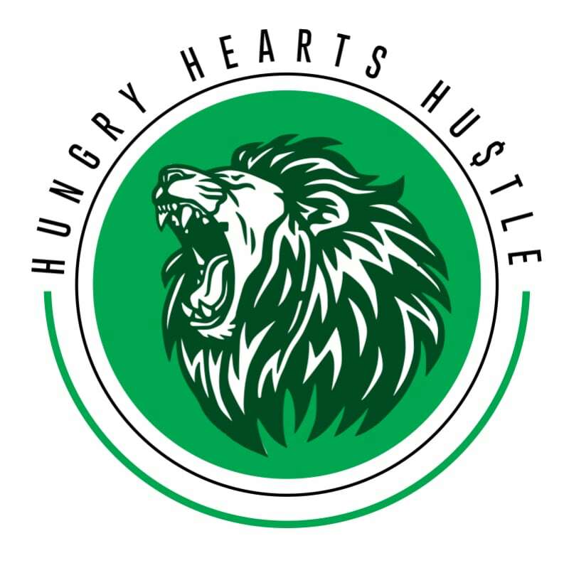 A green and white logo with the words hungry hearts hustle.