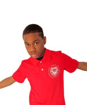 A young boy in red shirt standing with arms outstretched.