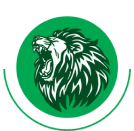 A green and white logo with an image of a lion.