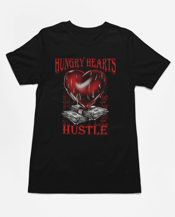 A black t-shirt with a red heart and words