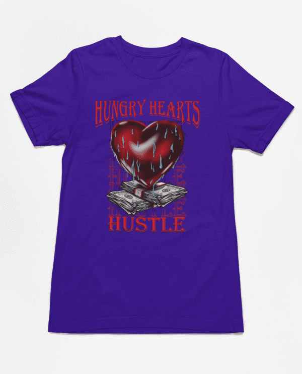 A purple t-shirt with a heart on it.