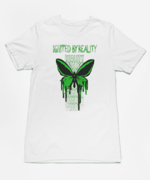 A white t-shirt with green butterfly on it.