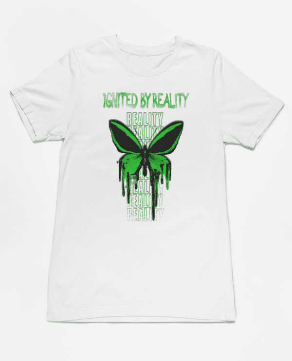 A white t-shirt with green butterfly on it.