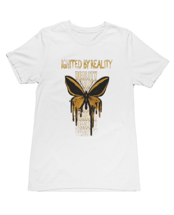 A white t-shirt with a butterfly design on it.