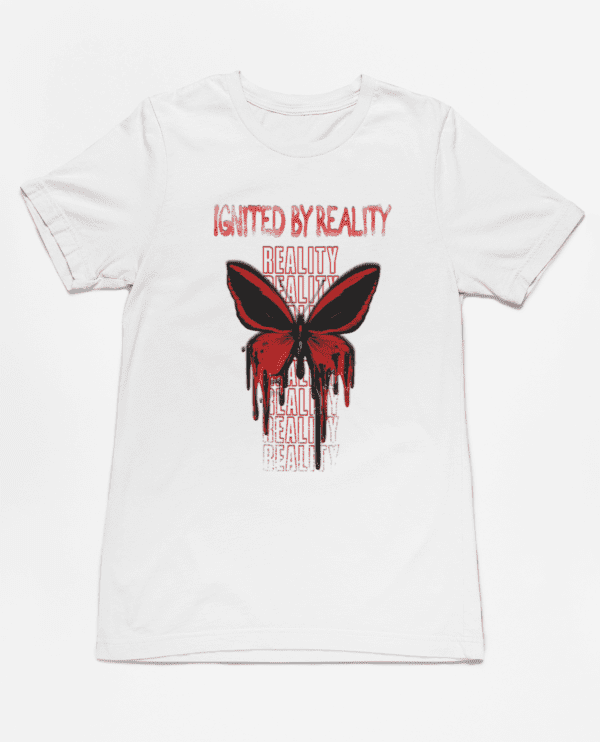 A white t-shirt with a red butterfly on it.