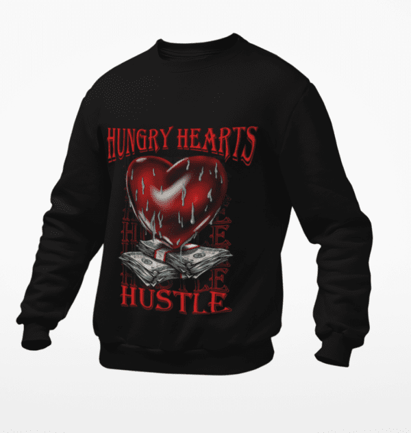 A black sweatshirt with a red heart on it.