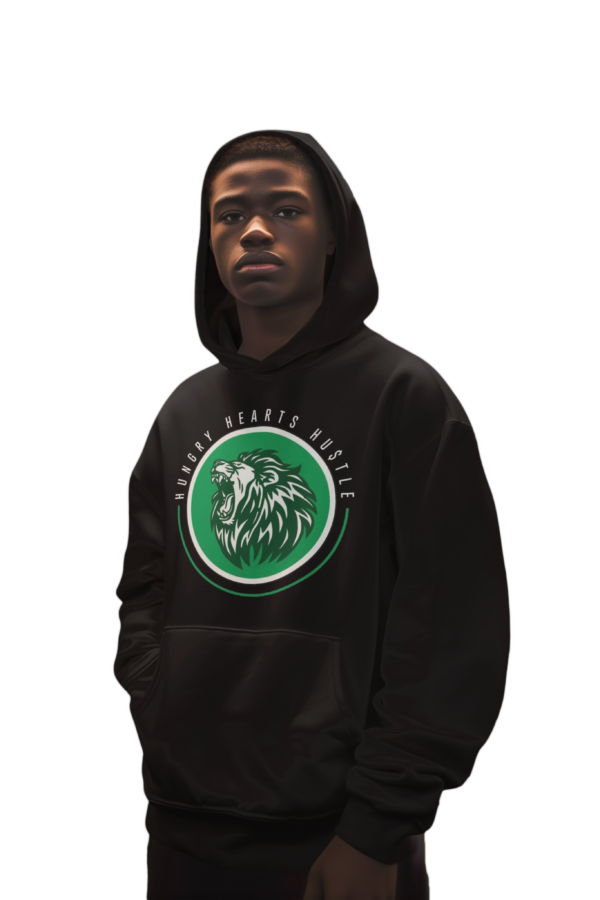 A man wearing a black hoodie with green and white logo.