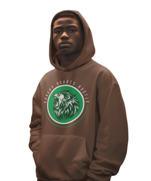 A man wearing a brown hoodie with green logo.