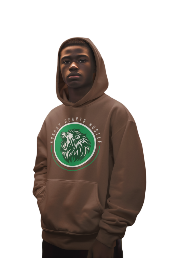 A man wearing a brown hoodie with green logo.