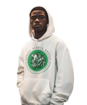 A man in white hoodie with green logo.