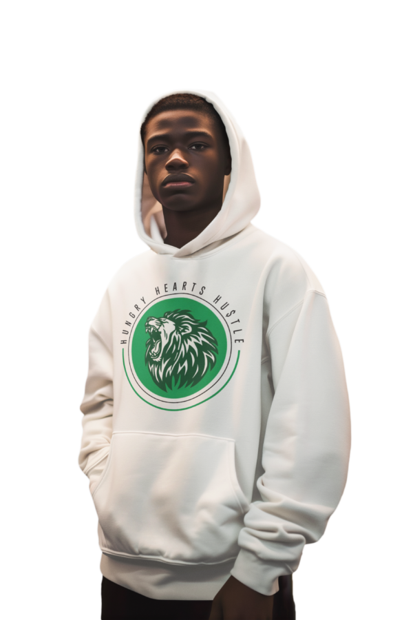 A man in white hoodie with green logo.