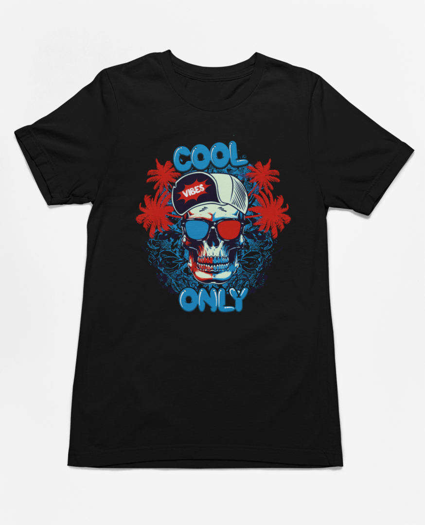 A black t-shirt with a skull and sunglasses on it.