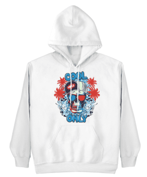 A white hoodie with a picture of a person in the middle.