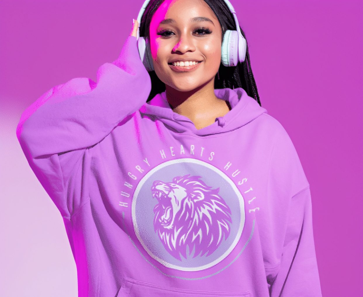 Person wearing lavender hoodie and headphones