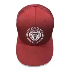 Red trucker hat with lion logo